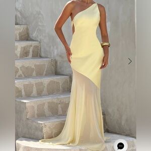 Babyboo Fashion Elegant Pale Yellow Maxi Dress with Sheer Overlay
